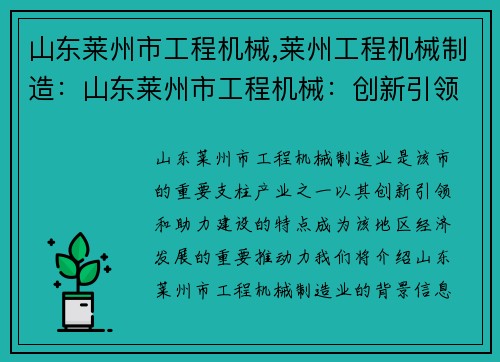 山东莱州市工程机械,莱州工程机械制造：山东莱州市工程机械：创新引领，助力建设